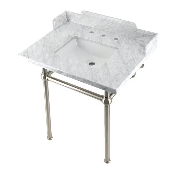 30 Carrara Marble Console Sink with Brass Legs, Marble WhiteBrushed Nickel, Kingston Brass, Mfr#: LMS30MBSQ8